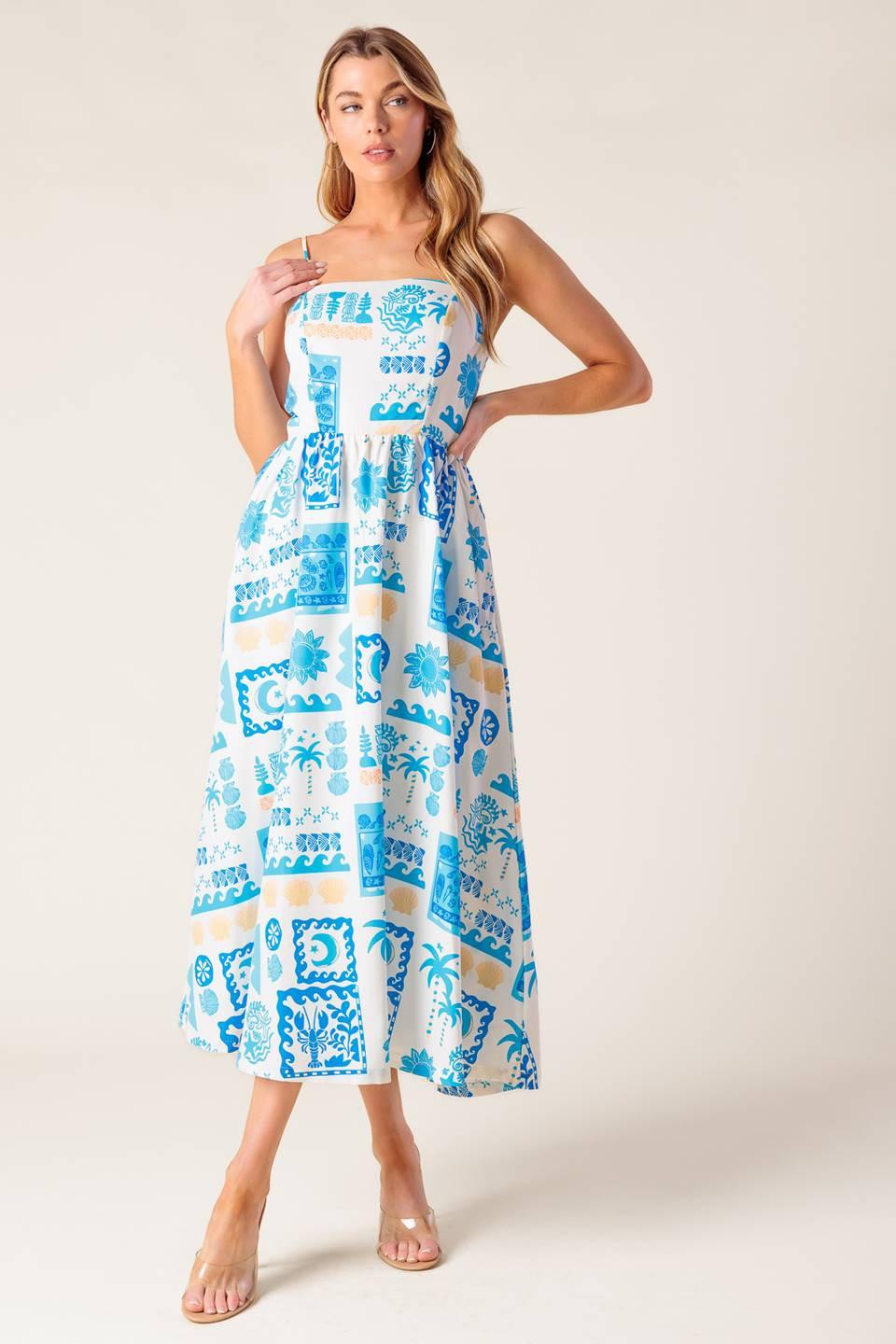 FLOWER GIRL BLUE WOVEN MIDI DRESS